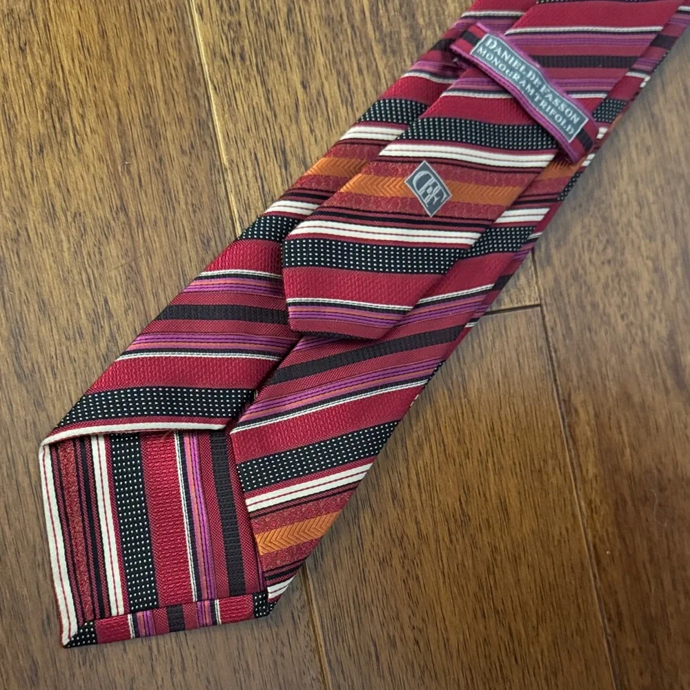 Men's Striped Red Silk Tie with Orange and Purple Accents